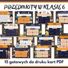 Przedmioty w klasie 6: język polski, matematyka, biologia, historia, geografia, technika, informatyka, wychowanie fizyczne, etyka, religia, język obcy.