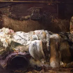 Jacek Malczewski dzieła: mężczyzna czuwa przy śpiącej kobiecie w chatce.
