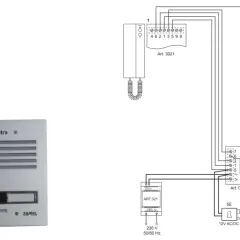 Schemat instalacji domofonowej pokazuje, jak działa domofon, łącząc panel zewnętrzny z unifonem i zasilaczem.