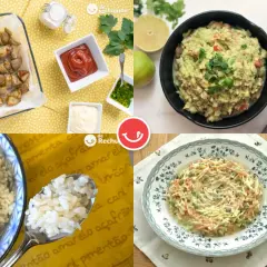 Cuatro guarniciones de verduras: patatas asadas, guacamole, ensalada de col y zanahoria, y arroz blanco.
