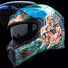 Kask motocyklowy Icon Airflite z grafiką przedstawiającą podwodne przygody z ośmiornicą i kobietami w bikini.