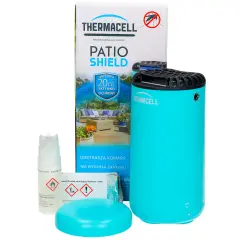 Zestaw Thermacell Patio Shield: turkusowy odstraszacz komarów na zewnątrz, kartridż i maty. Zapewnia 20m² ochrony.