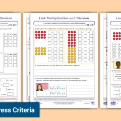 Hojas de trabajo con ejercicios de multiplicaciones y divisiones, incluyendo arrays y resolución de problemas.
