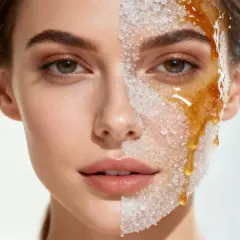 Gesicht einer Frau mit einer Hälfte, die mit Zucker bedeckt ist, und der anderen Hälfte, auf der Honig tropft. Ein süßes Peeling für die verzuckerung der haut.