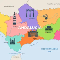 Mapa de Andalucía con sus provincias y monumentos icónicos. Descubre la tarifa como llegar a cada destino.