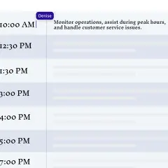 Agenda del día de Denise: monitorear operaciones, asistir en horas pico y manejar servicio al cliente.
