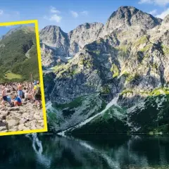 Tłum ludzi nad Morskim Okiem. Ciekawostki o tym miejscu to m.in. jego głębokość i pochodzenie.