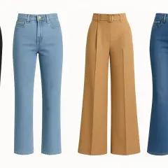 Guide coupe pantalon femme : un pantalon noir, deux jeans bleus et un pantalon camel évasé.
