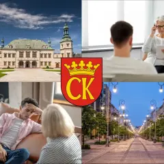 Kielce: pałac, sesja terapeutyczna, herb miasta i ulica.