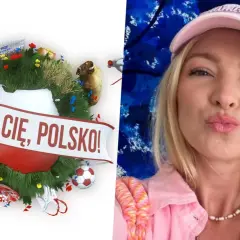 Wieniec z napisem "Kocham Cię, Polsko!" i wizerunek kobiety wysyłającej całusa.