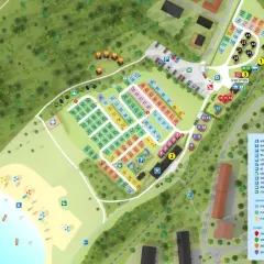 Karta över First Camp Nickstabadet – Nynäshamn med campingplatser, stugor, servicehus, vattenrutschbana och badplats.