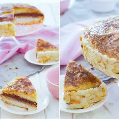 Deliciosa tarta San Marcos con capas de bizcocho, crema y cobertura de almendras laminadas. Un postre perfecto para celebrar.