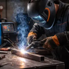 Spawanie półautomatem: iskry i dym unoszą się podczas precyzyjnego łączenia metalowych elementów przez spawacza w masce ochronnej.