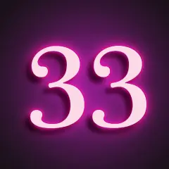 Jasne, oto opis:

Jasnoróżowe cyfry 33 z neonowym obramowaniem na ciemnofioletowym tle. Numerologia 33 to liczba mistrzowska.
