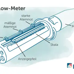 Detailansicht eines Peak-Flow-Meters mit Skala und Anzeige. Es zeigt, wieviel GDB bei COPD GOLD 3 gemessen werden kann.