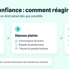 Schéma expliquant comment réagir face à un abus de confiance, de la constitution du dossier au jugement, pour porter plainte contre un artisan.