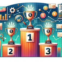Trzy puchary z symbolem dolara na podium, symbolizujące, ile można zarobić na obligacjach. Wykresy i monety w tle.