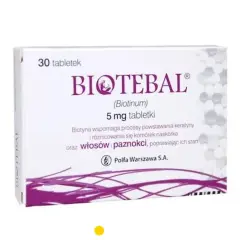 Opakowanie Biotebal Max, 30 tabletek 5 mg. Biotyna wspomaga włosy i paznokcie. Poznaj biotebal max skład.