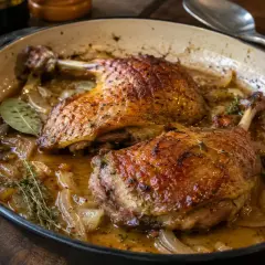 Deux cuisses de canard dorées mijotent dans une sauce savoureuse avec des oignons et des herbes, prêtes à être dégustées.