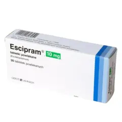 Opakowanie leku Escipram 10 mg, zawierające 30 tabletek powlekanych z escitalopramem.