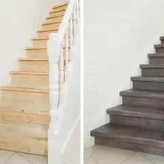 Vorher/Nachher-Vergleich: Alte Holztreppe wird mit dunklen Stufen und weißem Geländer zu modernen **Treppen renovieren Ideen**.