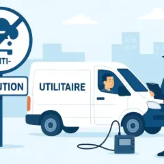 Un agent effectue un contrôle technique anti-pollution sur un utilitaire. Un panneau "Anti-Pollution" est visible.