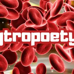 Czerwone krwinki unoszą się w tle, a na pierwszym planie napis "Erytropoetyna".