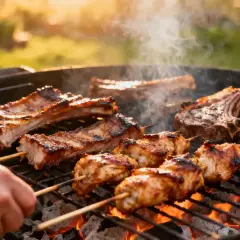 Des côtelettes d'agneau et des brochettes de poulet grillent sur un barbecue, dégageant une fumée alléchante. Un délice d'agneau barbecue en plein air.