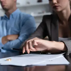 Para dowiedzieć się, ile kosztuje napisanie pozwu rozwodowego przez prawnika, para siedzi przy stole z obrączkami i dokumentami.