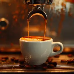 Frisch gebrühter Espresso fließt in eine Tasse, das perfekte Espresso Rezept. Kaffeebohnen liegen auf dem Gitter.