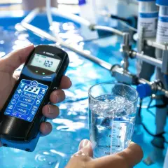 Analyse de la qualité de l'eau potable à Rouen. Un appareil de mesure est tenu au-dessus d'un verre d'eau.