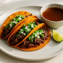Tre saftiga el birria tacos med lök och koriander, serverade med en skål consommé och en limeklyfta.
