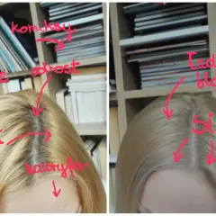 Przed i po farbowaniu na blond. Widać odrost, złą farbę i siwe włosy, które zostały zakryte.