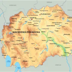 Mapa polityczna Macedonii Północnej, pokazująca jej położenie między Serbią, Bułgarią, Grecją i Albanią. Widoczne stolica Skopje i inne miasta.