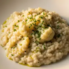 Cremoso risotto de coliflor, coronado con floretes tiernos y cebollino fresco. Un plato reconfortante y lleno de sabor.