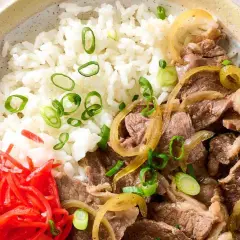 A delicious gyudon recipe featuring tender beef and onions over fluffy rice, garnished with pickled ginger and green onions.