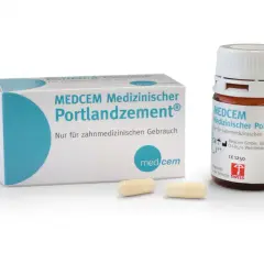 MEDCEM Medizinischer Portlandzement: ein zahnmedizinisches Produkt, das in einer Schachtel und einem Fläschchen mit Kapseln präsentiert wird.