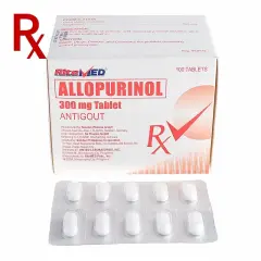 Allopurinol 300 mg, lek na dnę moczanową. Opakowanie i blister z tabletkami.