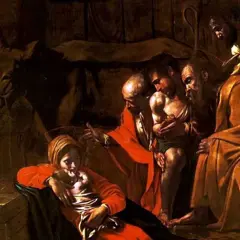Caravaggio's masterful chiaroscuro illuminates a tender scene: Mary cradles the infant Jesus, while onlookers gaze in awe.