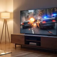 Na ekranie telewizora LG G4 65 cali dynamiczna scena pościgu samochodowego z wybuchami. Obok stoi lampa podłogowa.