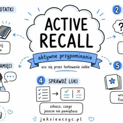 Aktywne przypominanie (Active Recall) to klucz do poprawy pamięci. Zamknij notatki, zadaj pytania, odpowiedz z pamięci, sprawdź luki i powtarzaj.