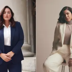 Dos mujeres lucen trajes elegantes, uno azul marino y otro crema, perfectos para un código de vestimenta business casual.