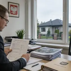Urzędnik analizuje dokumenty dotyczące podatku od gruntu. W tle dron monitoruje teren, a na ekranie komputera widoczna jest mapa działek.