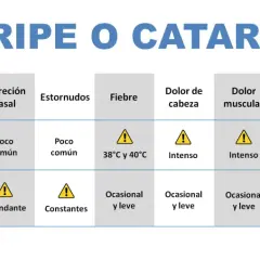 Ilustración compara síntomas de gripe y catarro. El resfriado por enfriamiento se contagia, mostrando diferencias en secreción nasal, fiebre y tos.