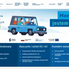 Niebieski samochód z dwiema postaciami, napis "Mam OC, jestem OK!" i logo UFG.