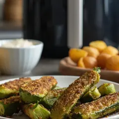 Zucchine croccanti in friggitrice ad aria, pronte in poco tempo. Perfette con limone e patatine.