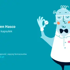 Ilustracja farmaceuty w okularach trzymającego tabletkę. Napis "Ibuprofen Hasco".