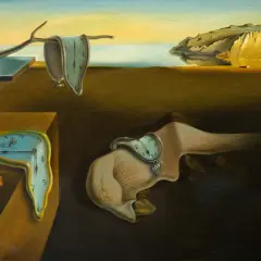 Melting clocks draped over a barren tree and a strange, fleshy form, a hallmark of surrealist artists, evoke a dreamlike landscape where time itself warps.