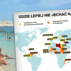 Mapa świata z zaznaczonymi krajami, gdzie lepiej nie jechać na wakacje w lipcu. Tłum ludzi na plaży.