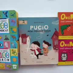 Książki do nauki mówienia: "Pucio mówi pierwsze słowa", "Moje pierwsze 100 zwierząt", "Moje pierwsze 100 słów" i "Onomato, czyli zabawa dźwiękami".